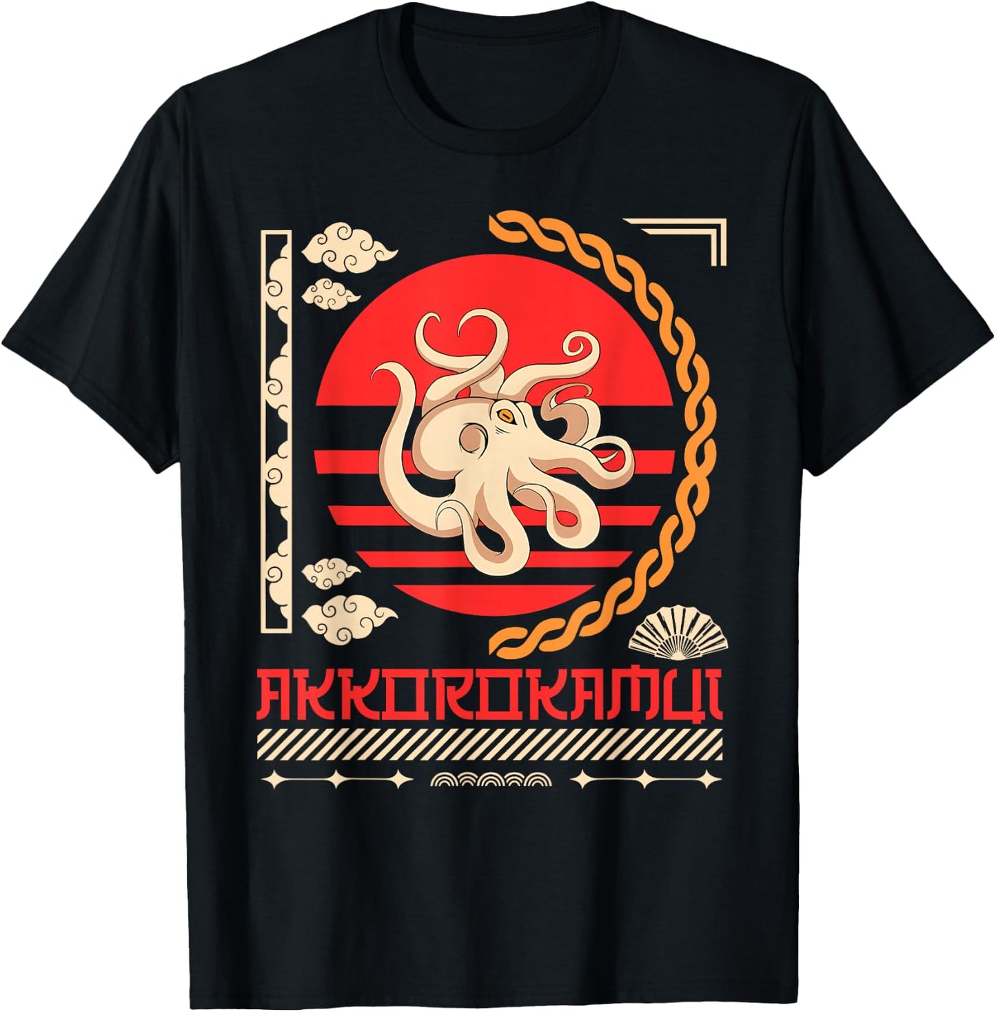 Japanese Mordern Vintage Graphical Octopus Art Men Women T-Shirt - T-Shirt | Black
