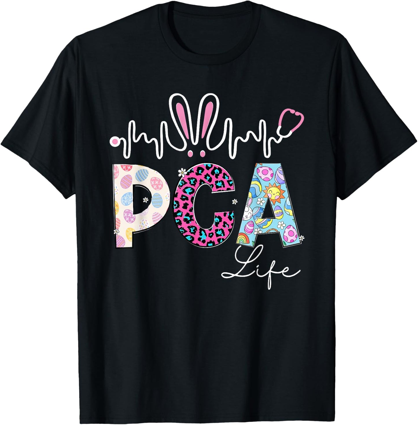 PCA Life Stethoscope Leopard Cute Easter Bunny Easter Day T-Shirt - T-Shirt | Black