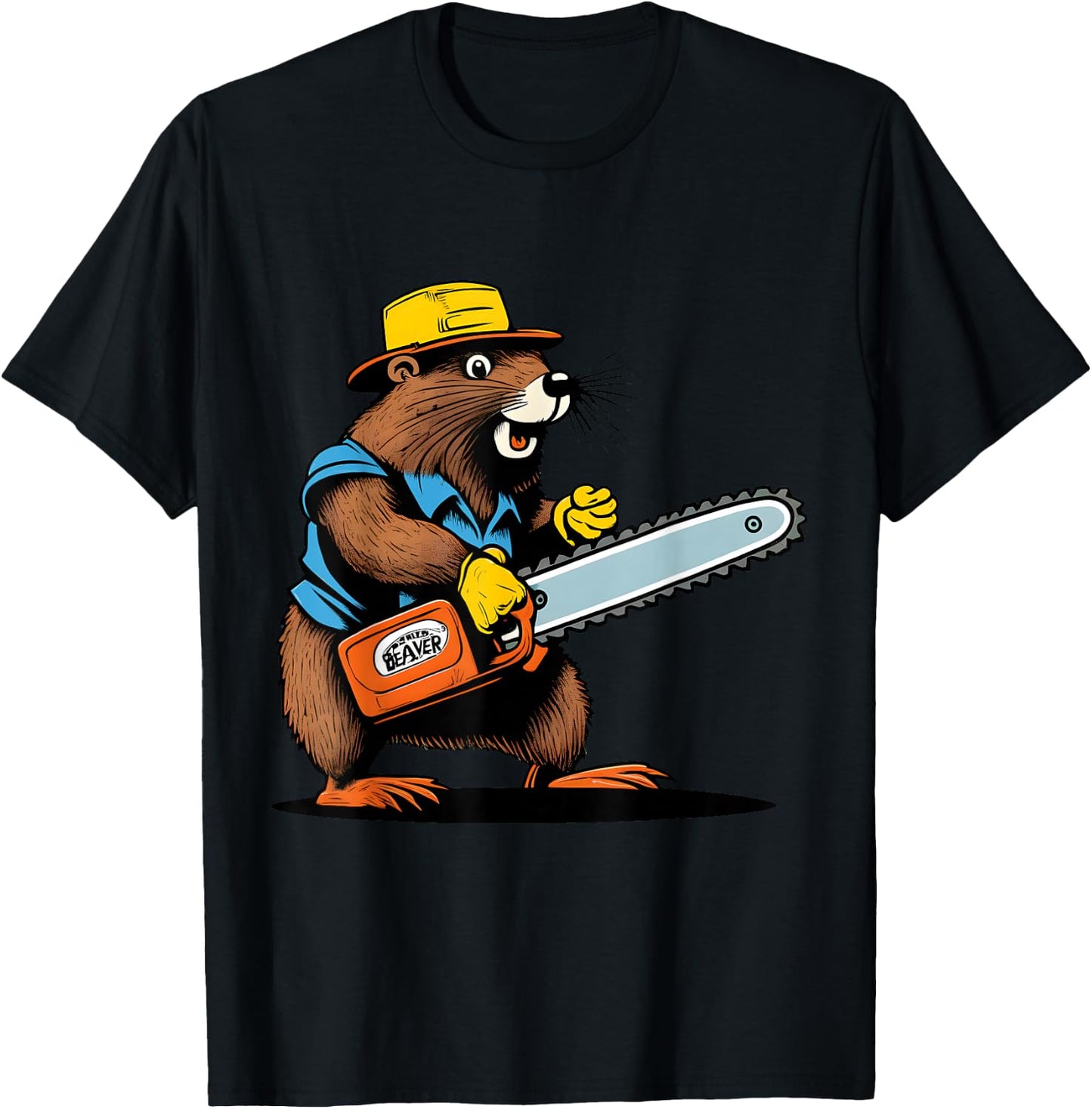 Lumber Jack Beaver with Chainsaw - Retro Comic Art Funny T-Shirt - T-Shirt | Black