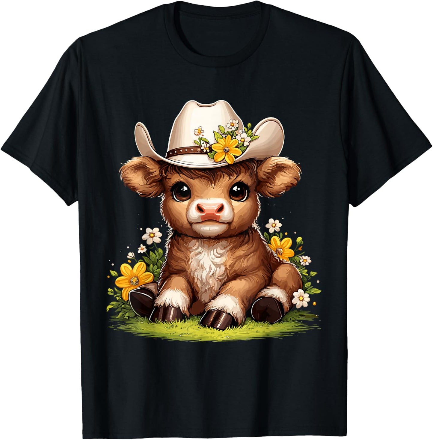 Scottish Highland Cow Flowers Cattle Hairy Cow T-Shirt - T-Shirt | Black