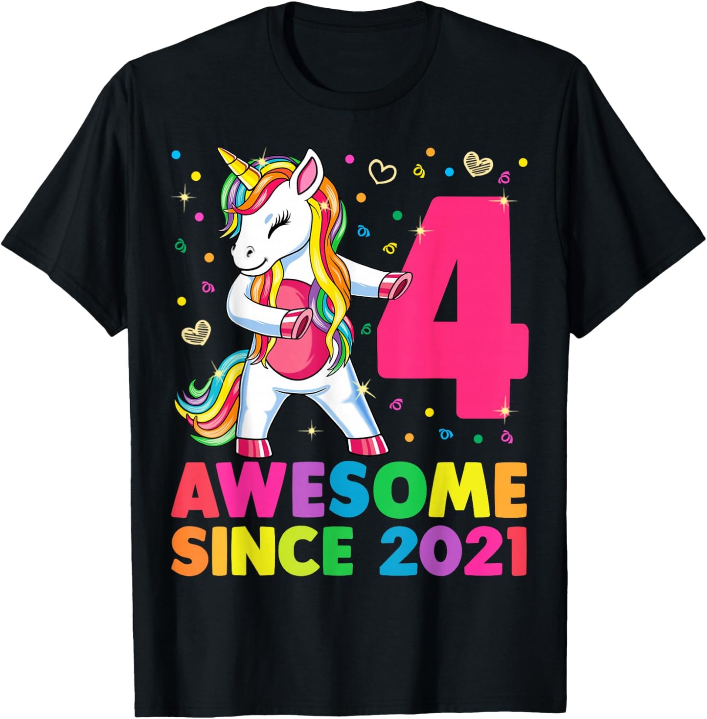 4 Years Old Unicorn Flossing 4th Birthday Girl Unicorn Party T-Shirt - T-Shirt | Black