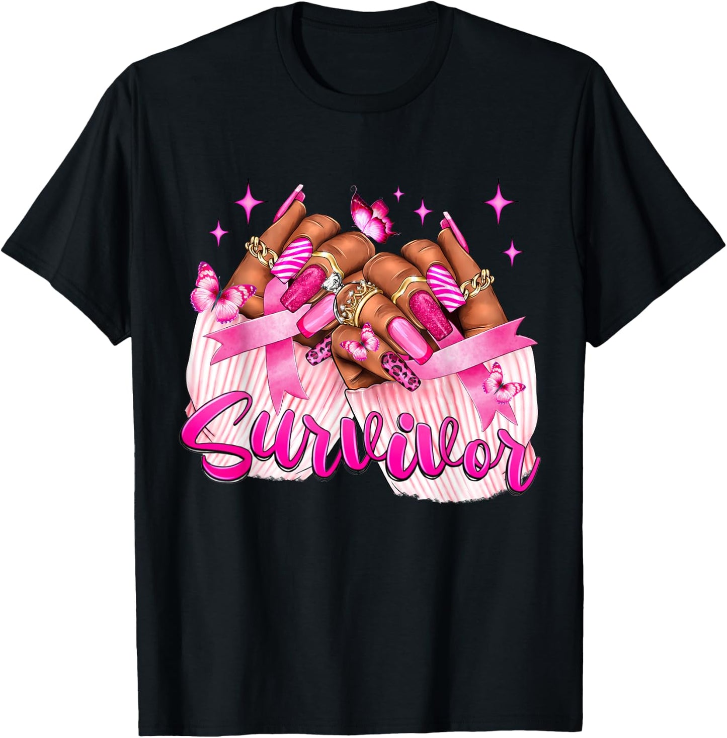 Breast Cancer Survivor Awareness Black Woman Nails Pink T-Shirt - T-Shirt | Black