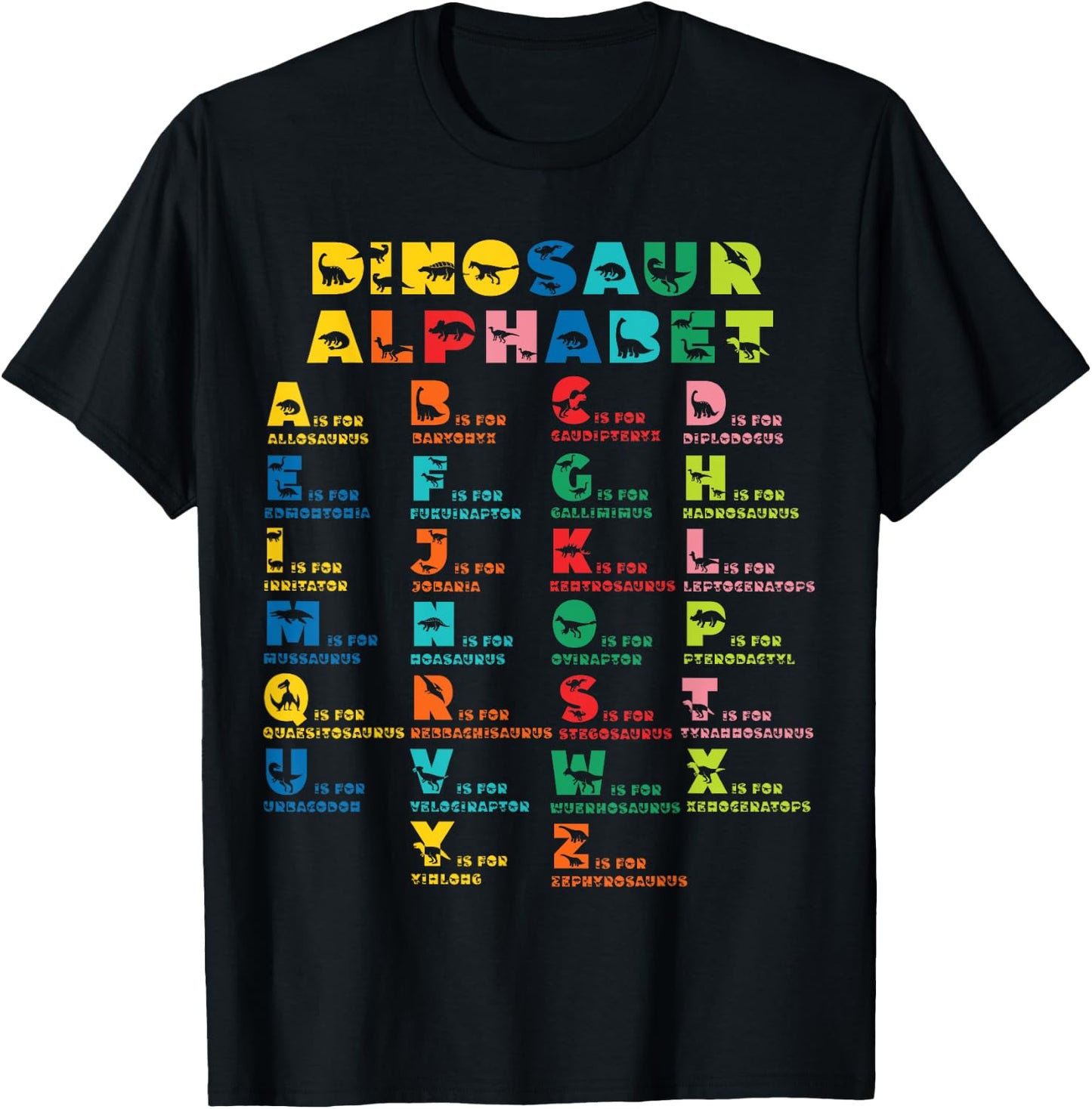 Types Of Dinosaurs Alphabet A-Z ABC Dino Identification kids T-Shirt - T-Shirt | Black