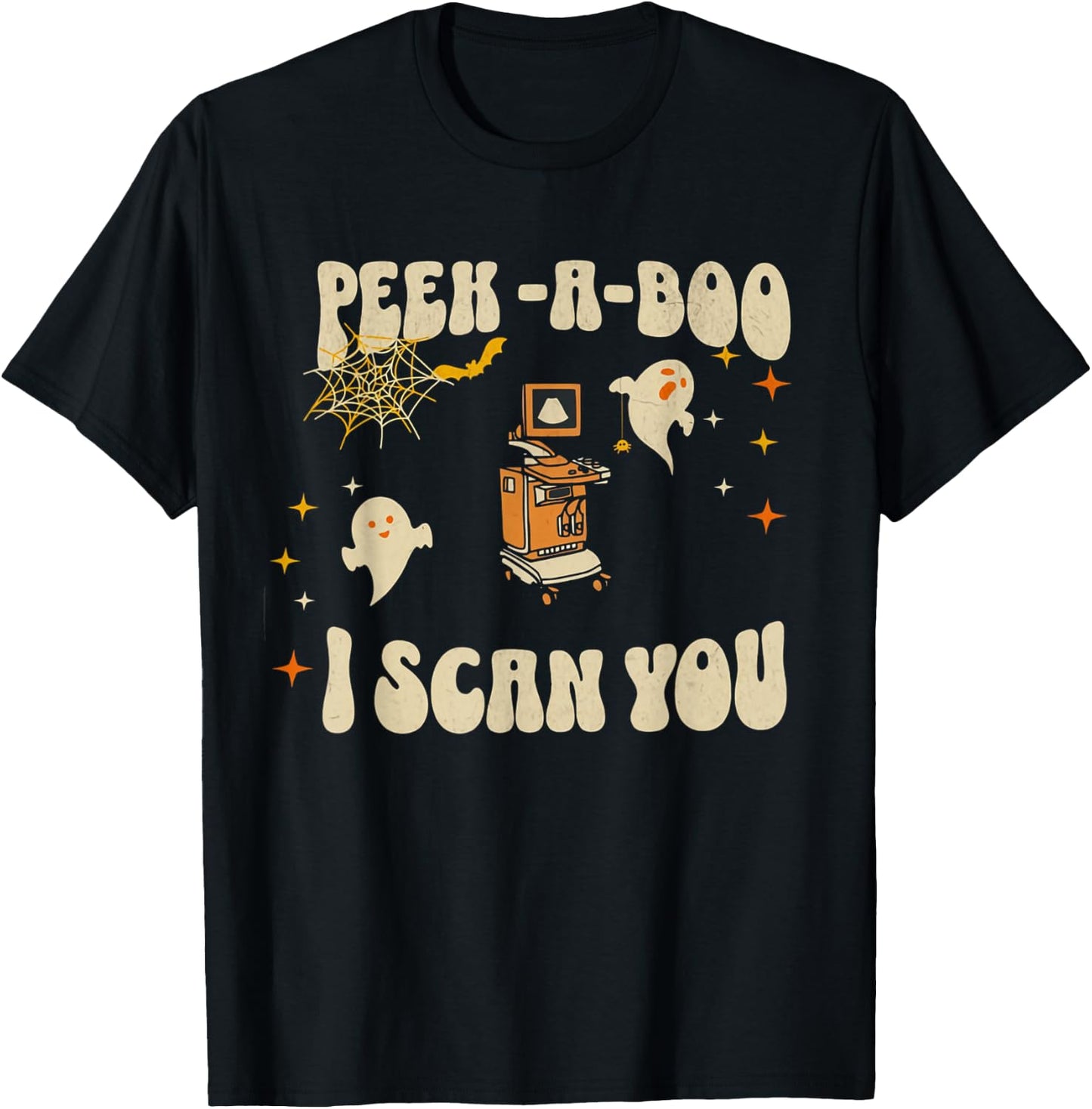 Retro Ultrasound Peek-A-Boo Halloween Ghost Sonography Crew T-Shirt - T-Shirt | Black