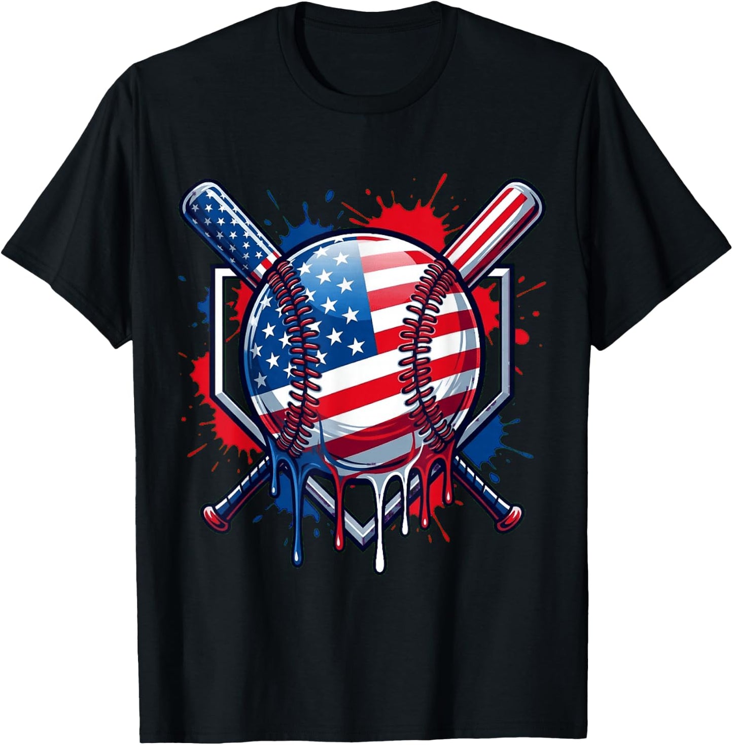 Baseball Drip American Flag Men Women Kids Youth 4th of July T-Shirt - T-Shirt | Black