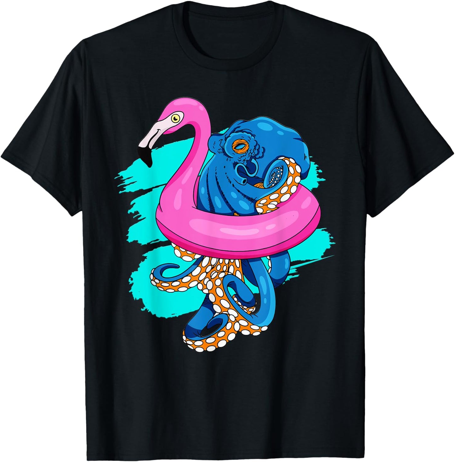 Blue Octopus In Pink Flamingo Swimming Pool Fun Octopus T-Shirt - T-Shirt | Black