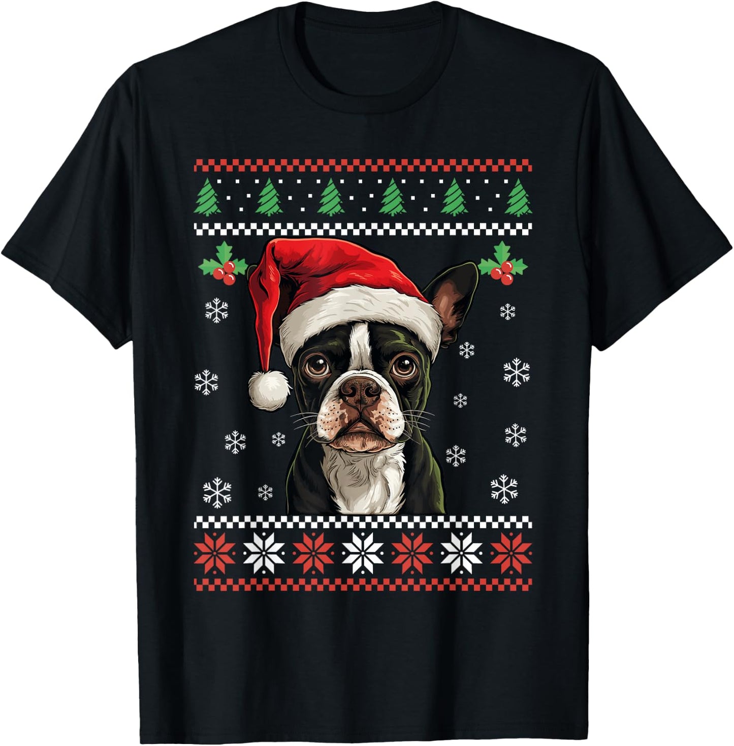 Boston Terrier Ugly Christmas Sweater Xmas For Adults Kids T-Shirt - T-Shirt | Black