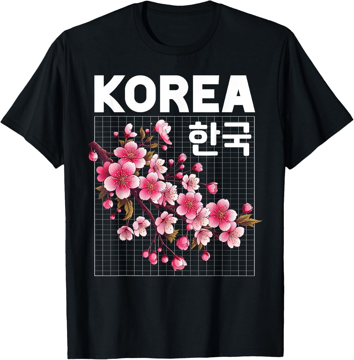 Korea Cherry Blossom Flowers Hangul Letters Grid Aesthetic T-Shirt - T-Shirt | Black