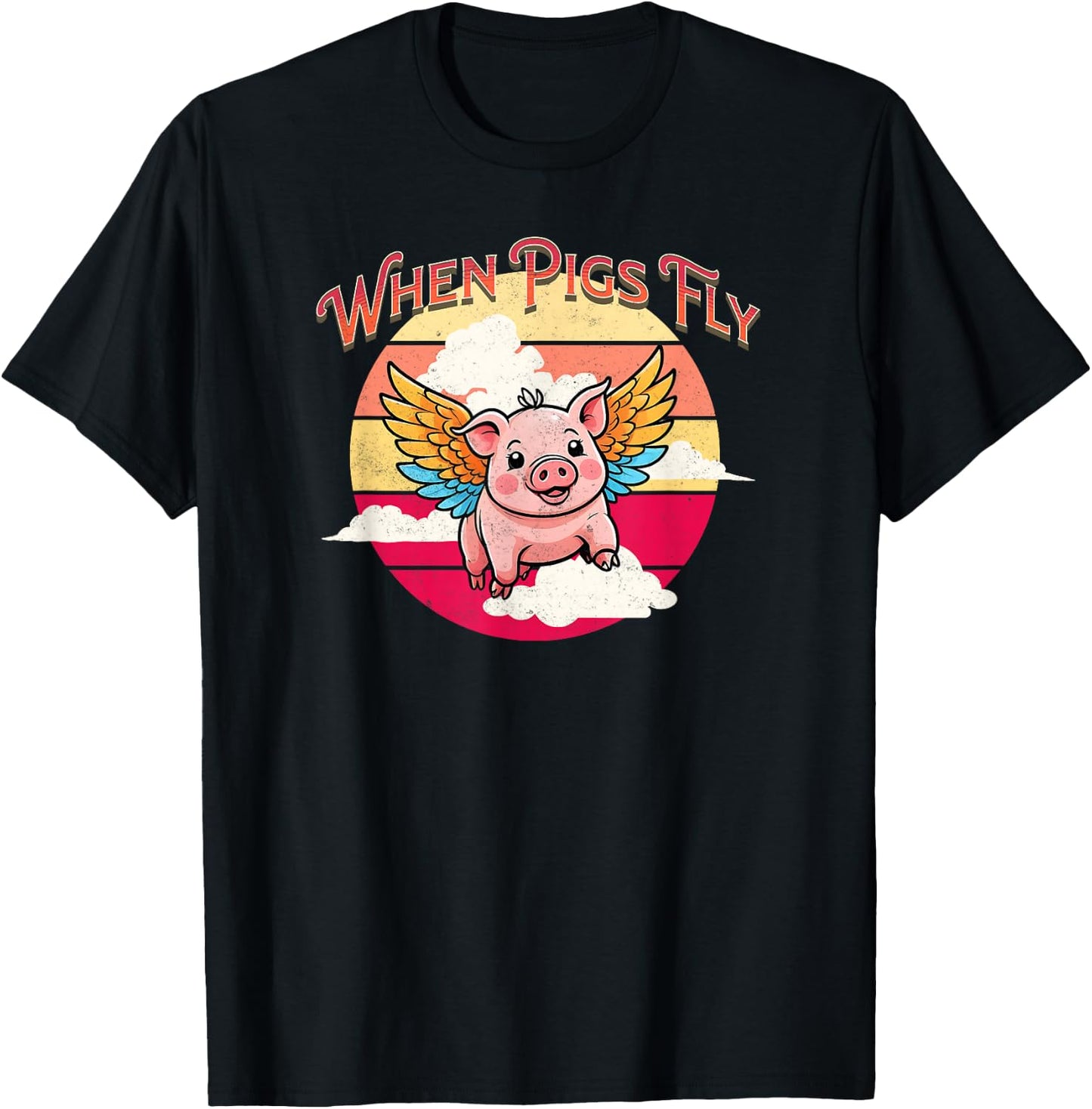 When Pig Fly Vintage Sunset Kawaii Piggy Funny Ironic Saying T-Shirt - T-Shirt | Black