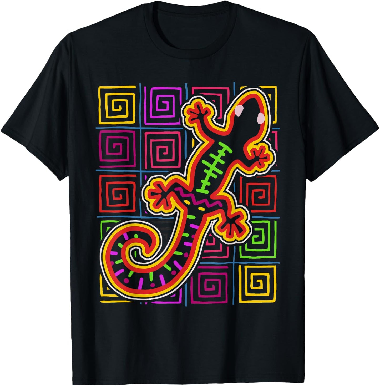 Gecko Lizard Mola Art by Panama Kuna Tribe T-Shirt - T-Shirt | Black