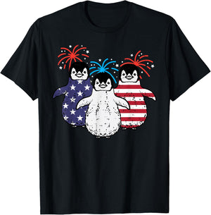 4th Of July American Flag Penguins Patriotic Men Women Kids T-Shirt - T-Shirt | Black