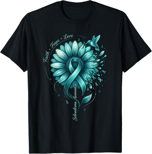 Teal Ribbon Hummingbird Scleroderma Awareness Sunflower T-Shirt - T-Shirt | Black