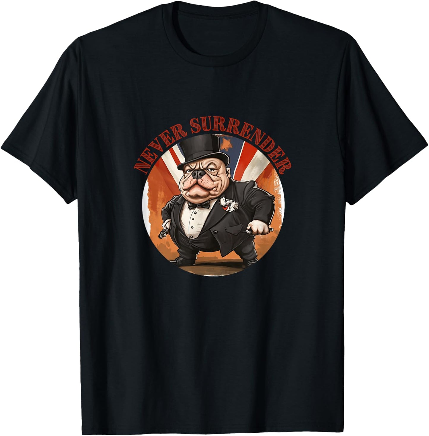 Winston Churchill British Bulldog Cartoon Never Surrender , Black, S T-Shirt - T-Shirt | Black