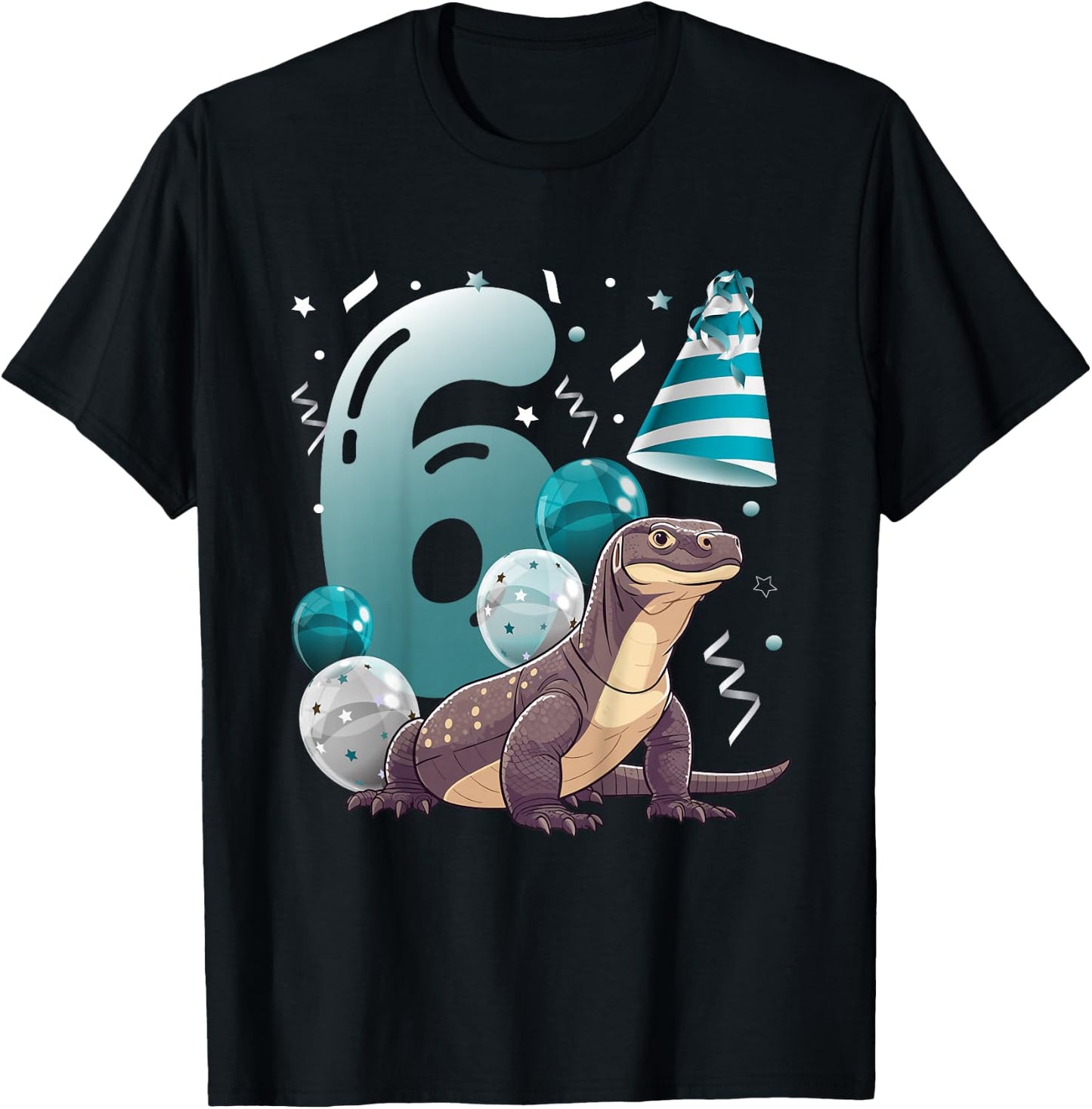 Kids 6th Komodo Dragon Birthday Party Six Year Old Komodo Dragon T-Shirt - T-Shirt | Black