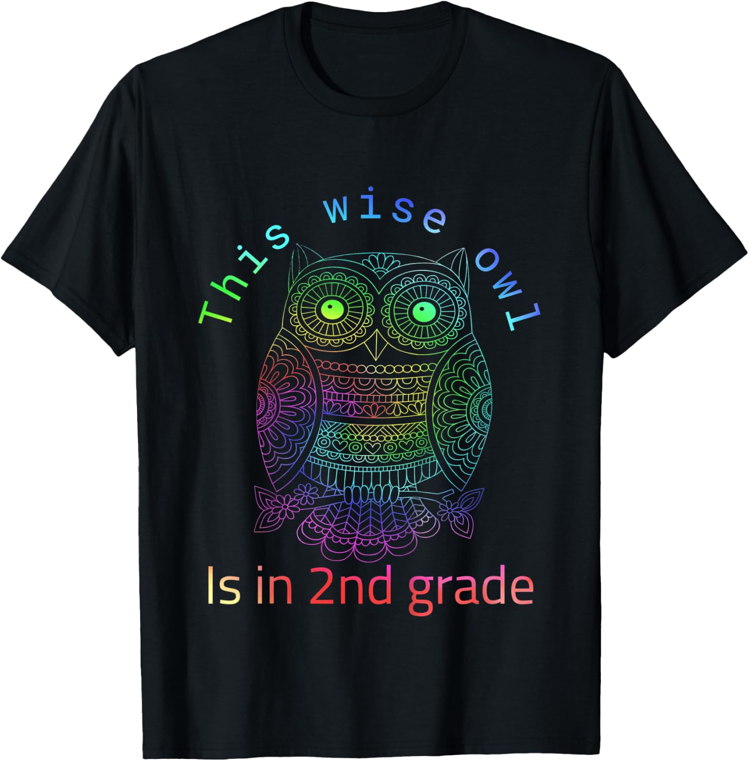 Kids 2nd Grade Colorful Tie Dye Rainbow Colors Wise Owl T-Shirt - T-Shirt | Black