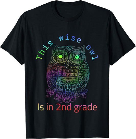 Kids 2nd Grade Colorful Tie Dye Rainbow Colors Wise Owl T-Shirt - T-Shirt | Black