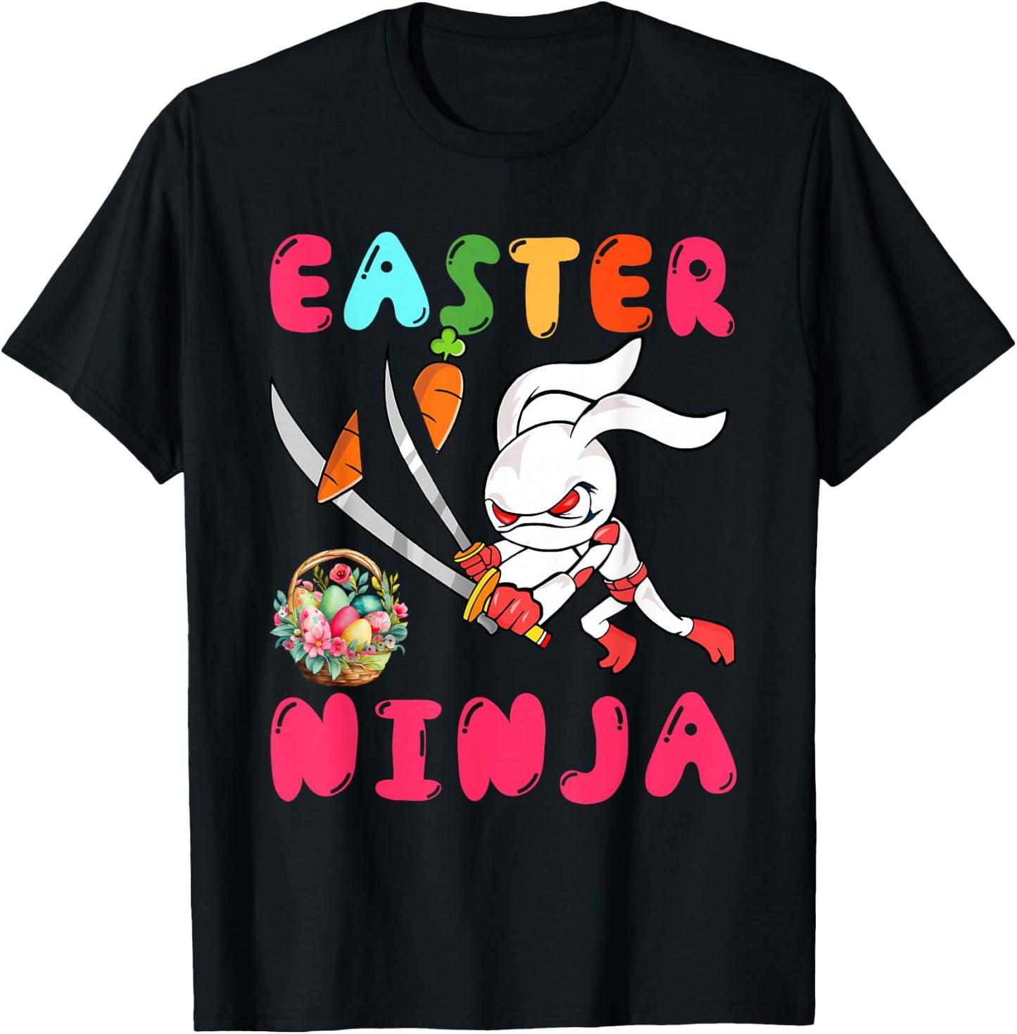 Easter Ninja Cute Bunny With Eggs Basket Costume Ninja Lover T-Shirt - T-Shirt | Black