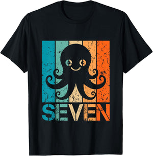 Funny 7th Octopus Birthday 7 Year Old Birthday Octopus T-Shirt - T-Shirt | Black