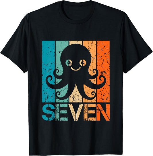 Funny 7th Octopus Birthday 7 Year Old Birthday Octopus T-Shirt - T-Shirt | Black