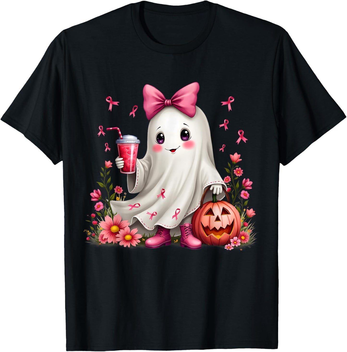 In October We Wear Pink Ghost Breast Cancer Awareness T-Shirt - T-Shirt | Black