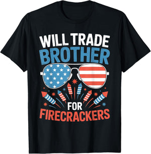 Will Trade Brother For Firecrackers Funny 4th Of July Kids T-Shirt - T-Shirt | Black
