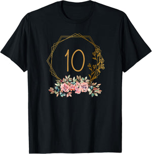 10th Birthday Girl Floral Beautiful Flowers Decoration , black T-Shirt - T-Shirt | Black