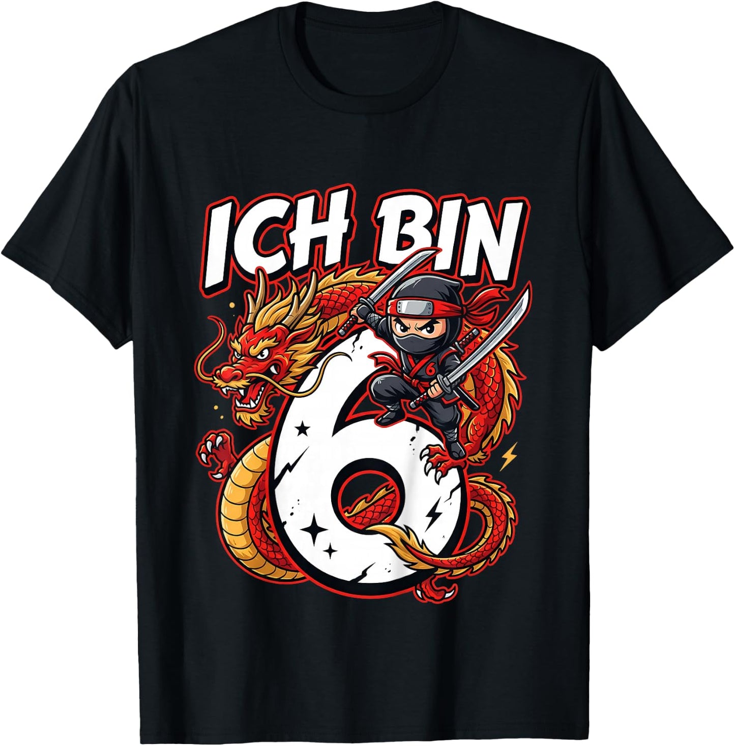 Cooler Ninja Geburtstag für Jungen mit Drache 6 Jahre T-Shirt - T-Shirt | Black