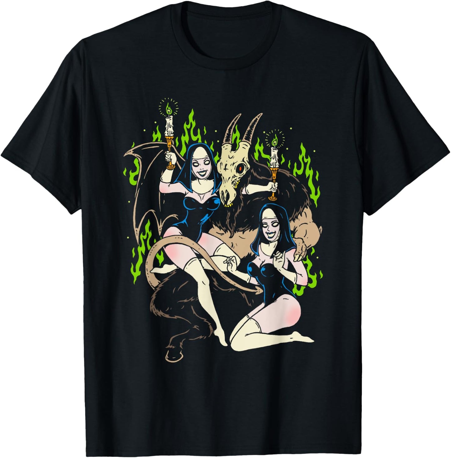 Baphomet Occult Goat Man Demon with Sexy Nuns T-Shirt - T-Shirt | Black