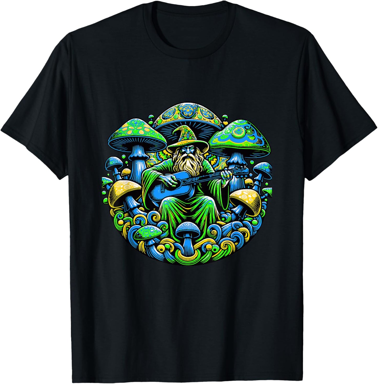 Psychedelic Trippy Rave Colourful Mushroom Guitar and Wizard T-Shirt - T-Shirt | Black