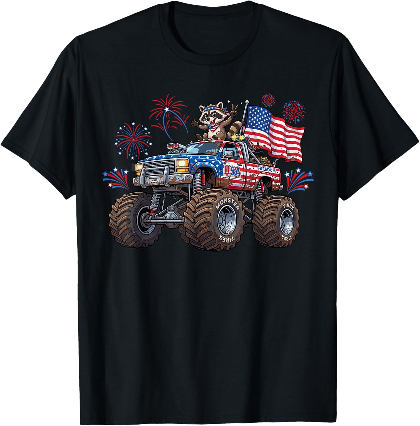 Monster Truck Raccoon USA Patriotic Shirt Men 4th of July T-Shirt - T-Shirt | Black