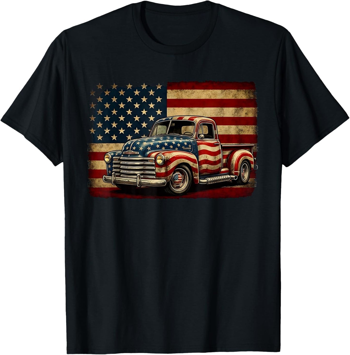 Classic Old Pickup Truck 4th of July Patriotic American Flag T-Shirt - T-Shirt | Black