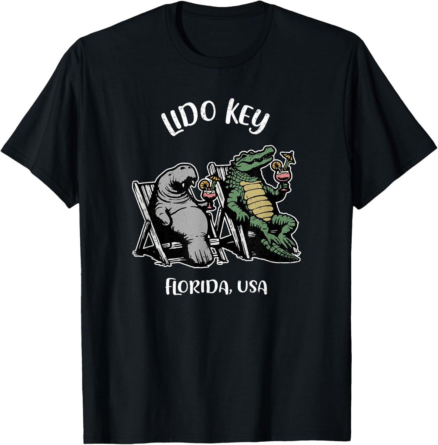 Lido Key Florida USA Funny Manatee and Alligator Design T-Shirt - T-Shirt | Black