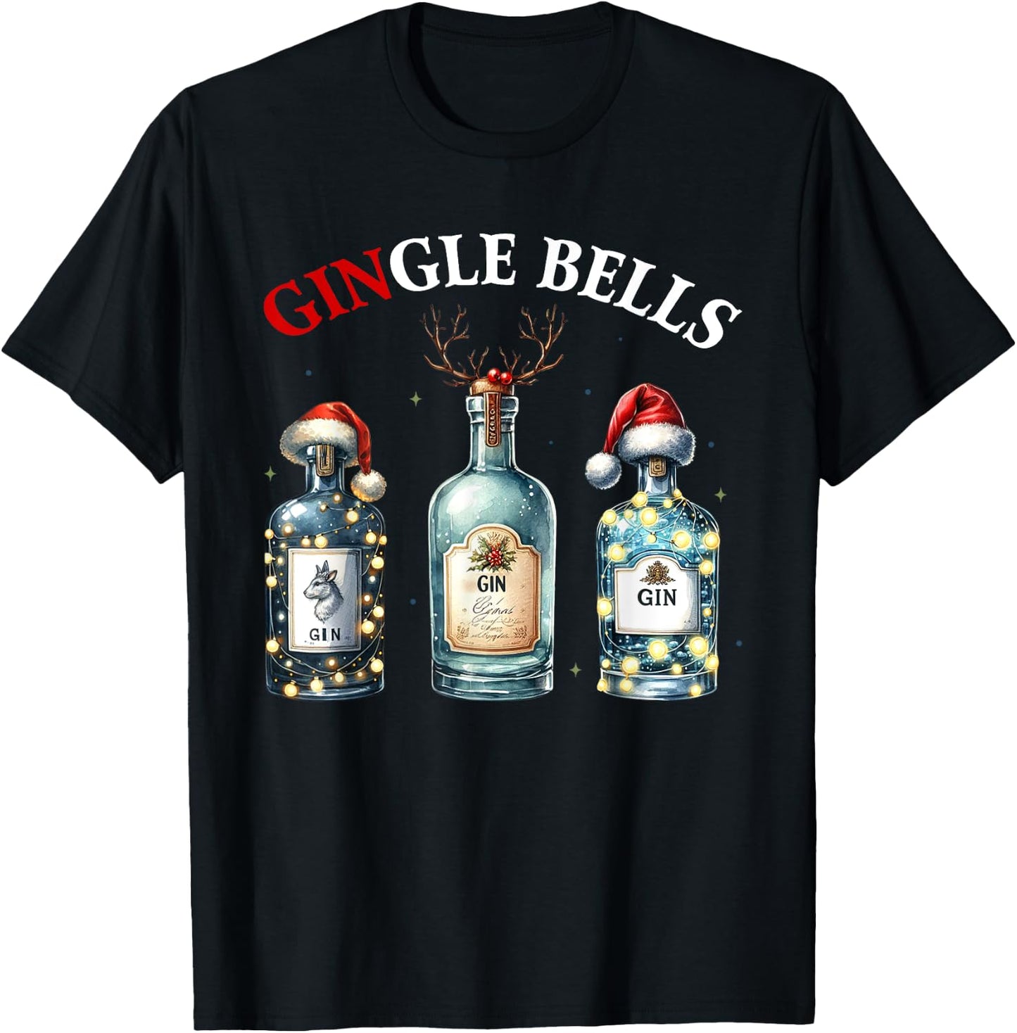 Gingle Bells Gin Christmas Lovers Reindeer Antlers Gin Drink T-Shirt - T-Shirt | Black