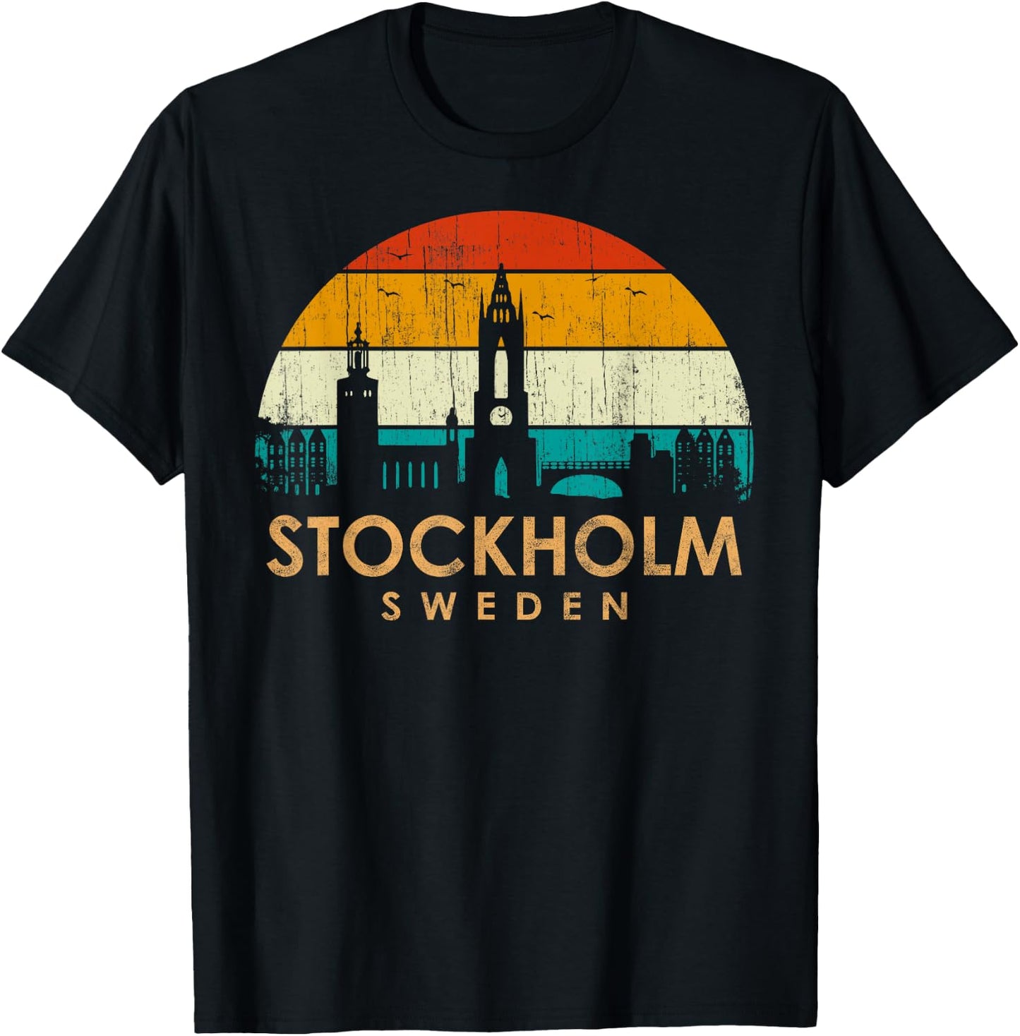 Vintage Retro Style Landscape Sun Skyline Stockholm Sweden T-Shirt - T-Shirt | Black