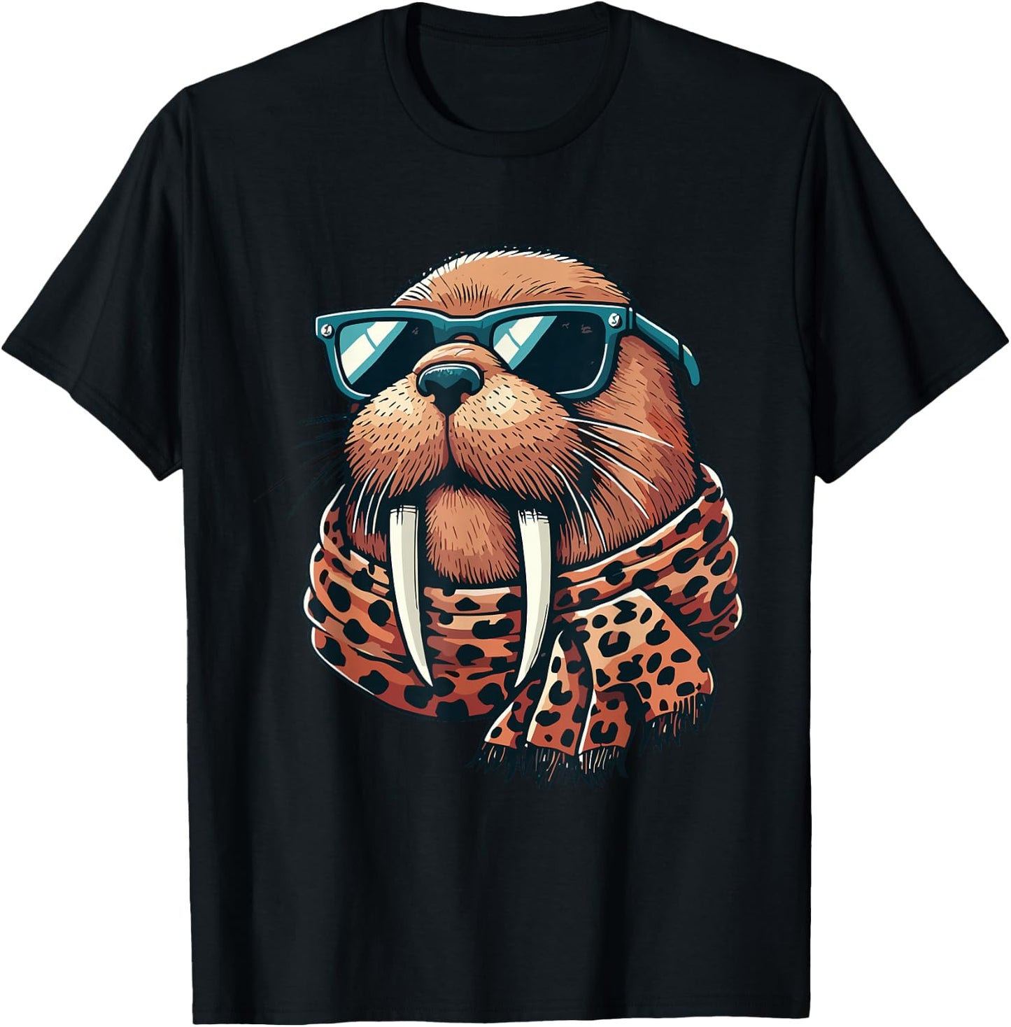 Walrus Wearing Leopard Scarf Animal Wearing Sunglasses T-Shirt - T-Shirt | Black