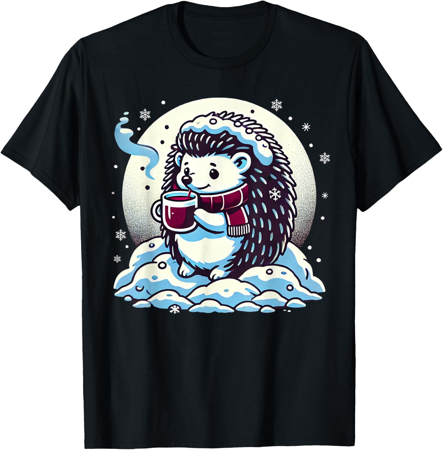 Hedgehog Enjoying Hot Chocolate In Snowy Winter T-Shirt - T-Shirt | Black