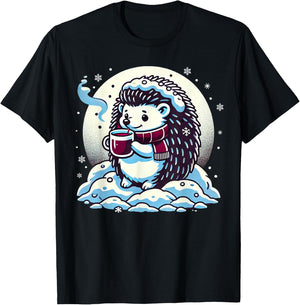 Hedgehog Enjoying Hot Chocolate In Snowy Winter T-Shirt - T-Shirt | Black