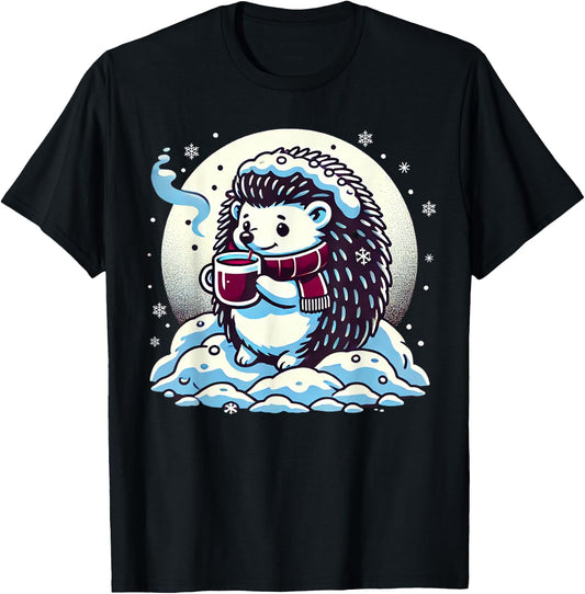 Hedgehog Enjoying Hot Chocolate In Snowy Winter T-Shirt - T-Shirt | Black