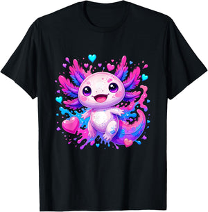 Cute Kawaii Axolotl with Colorful Hearts Splash T-Shirt - T-Shirt | Black