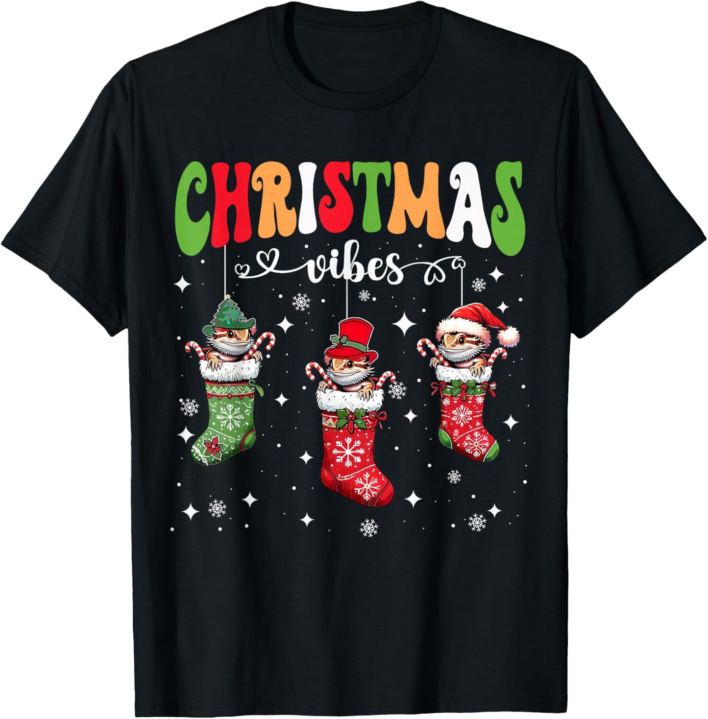 Cute Bearded Dragon In Xmas Socks Funny Christmas Lizard PJ T-Shirt - T-Shirt | Black