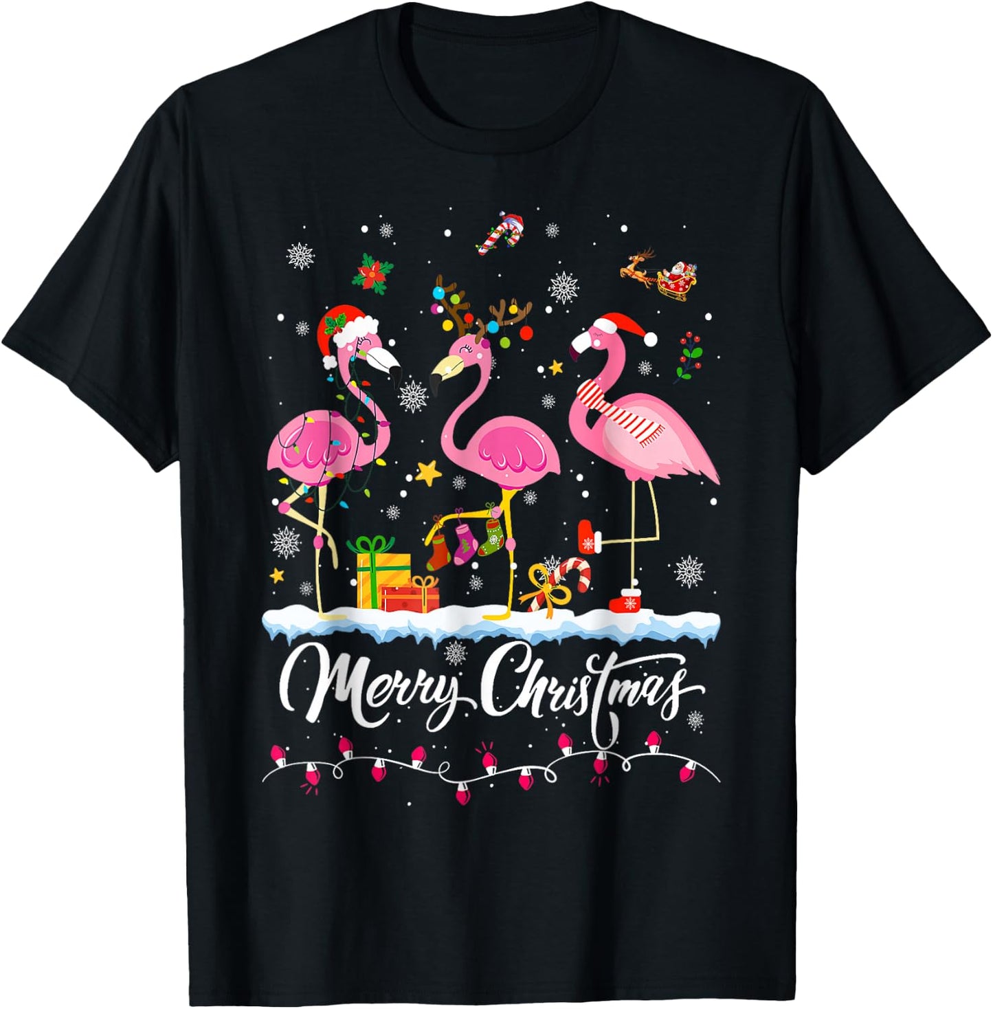 Merry Christmas Hat Santa Flamingo Light Christmas Snow T-Shirt - T-Shirt | Black