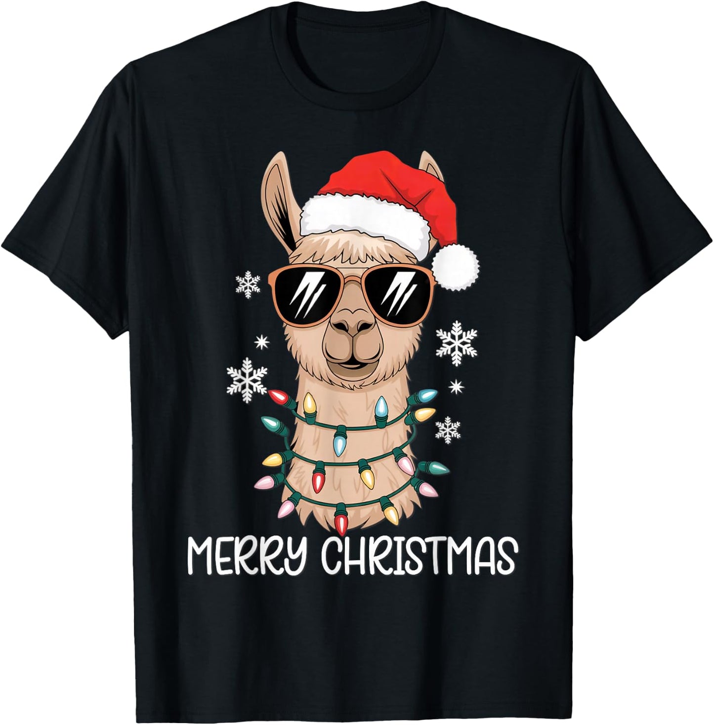 Merry Christmas Santa Llama with Holiday Lights Xmas T-Shirt - T-Shirt | Black