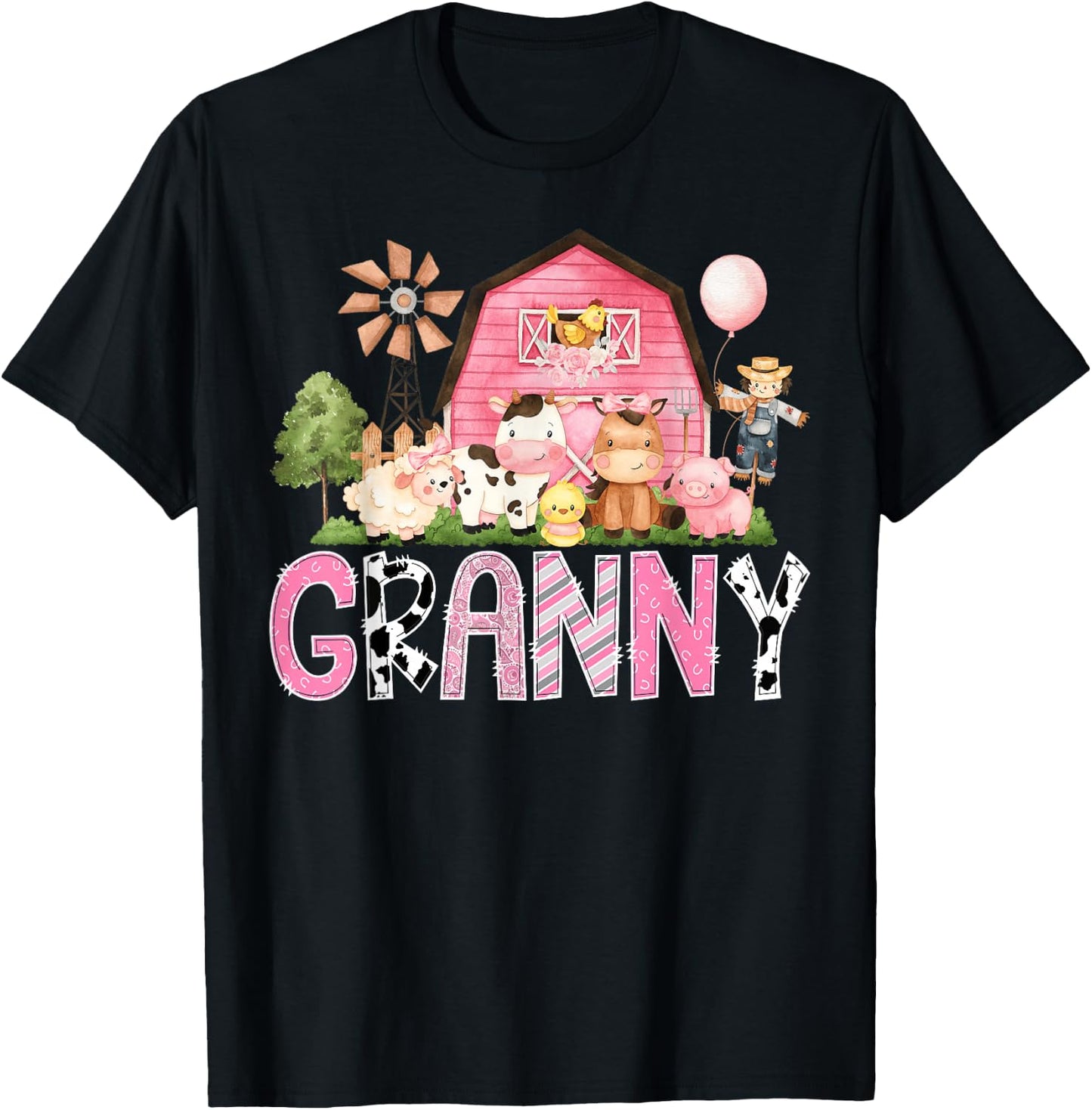 Granny Pink Farm Cow Birthday Girl Matching Family T-Shirt - T-Shirt | Black