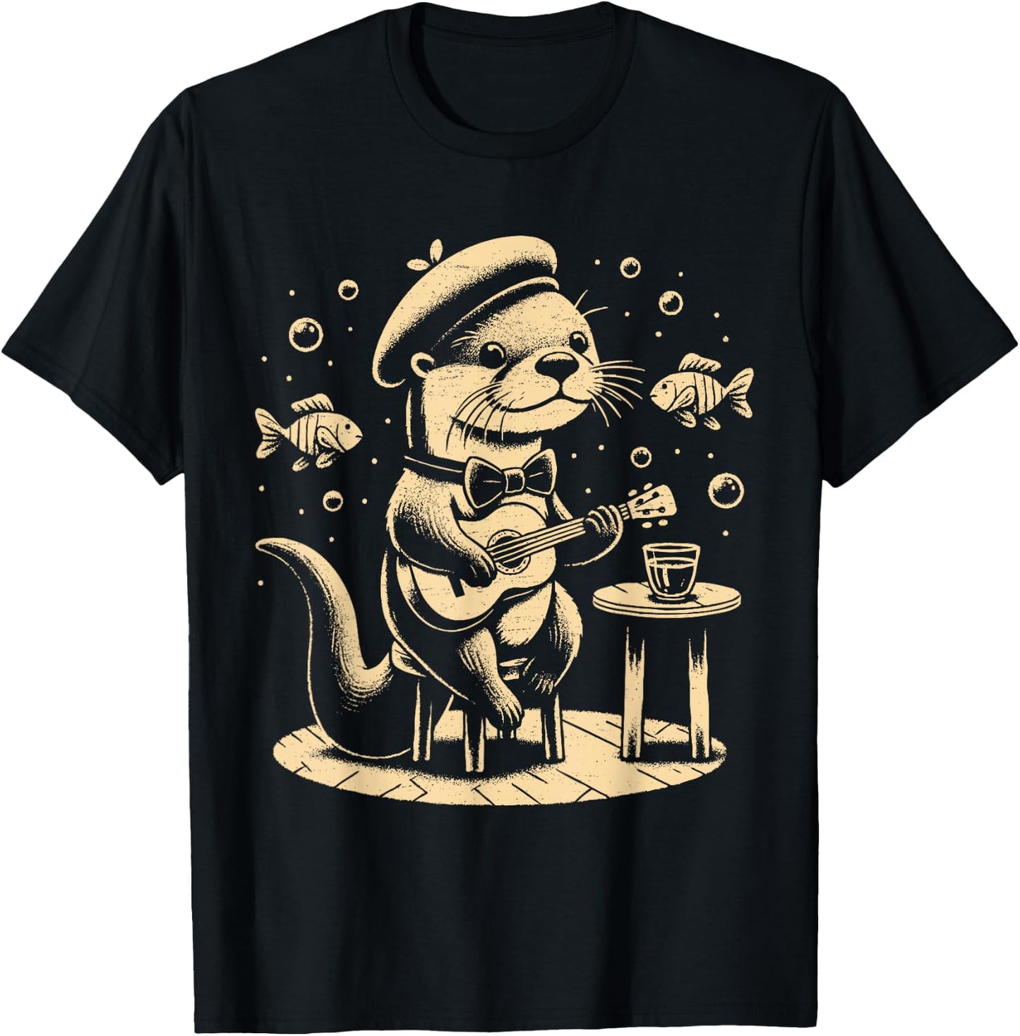 Funny otter playing guitar jazz animal music amateur otter , Black, S T-Shirt - T-Shirt | Black