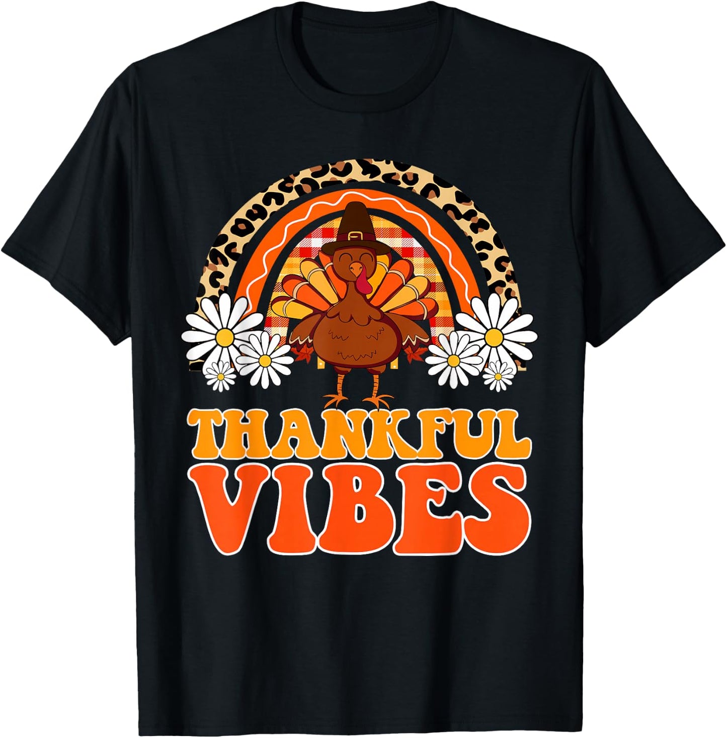 Thankful Vibes Turkey Rainbow Funny Retro Thanksgiving Women T-Shirt - T-Shirt | Black