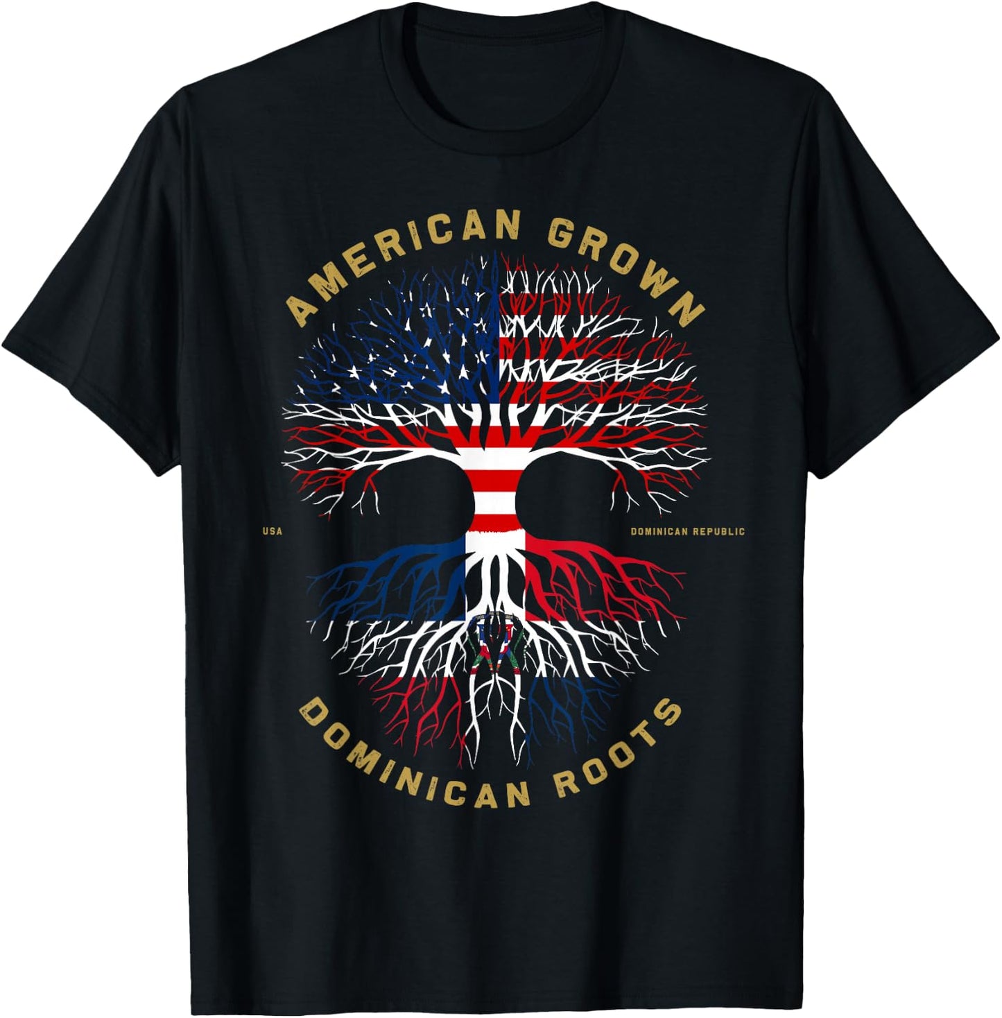American Grown with Dominican Roots Tree USA Flag Gift T-Shirt - T-Shirt | Black
