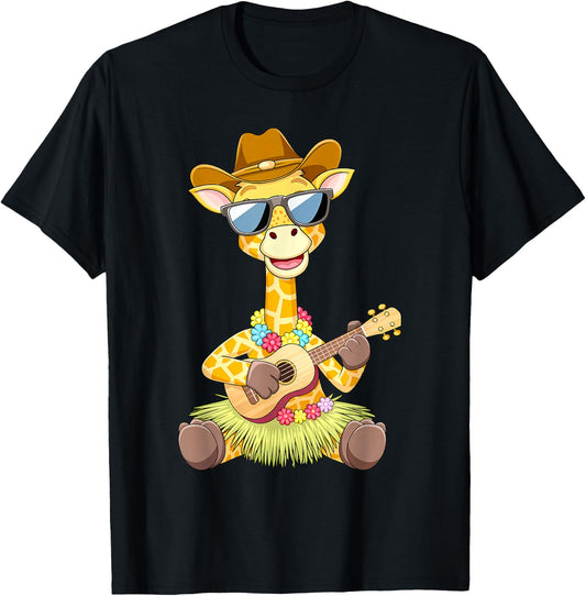 Giraffe Ukulele Luau Cute Funny Hawaii Zoo Animal T-Shirt - T-Shirt | Black