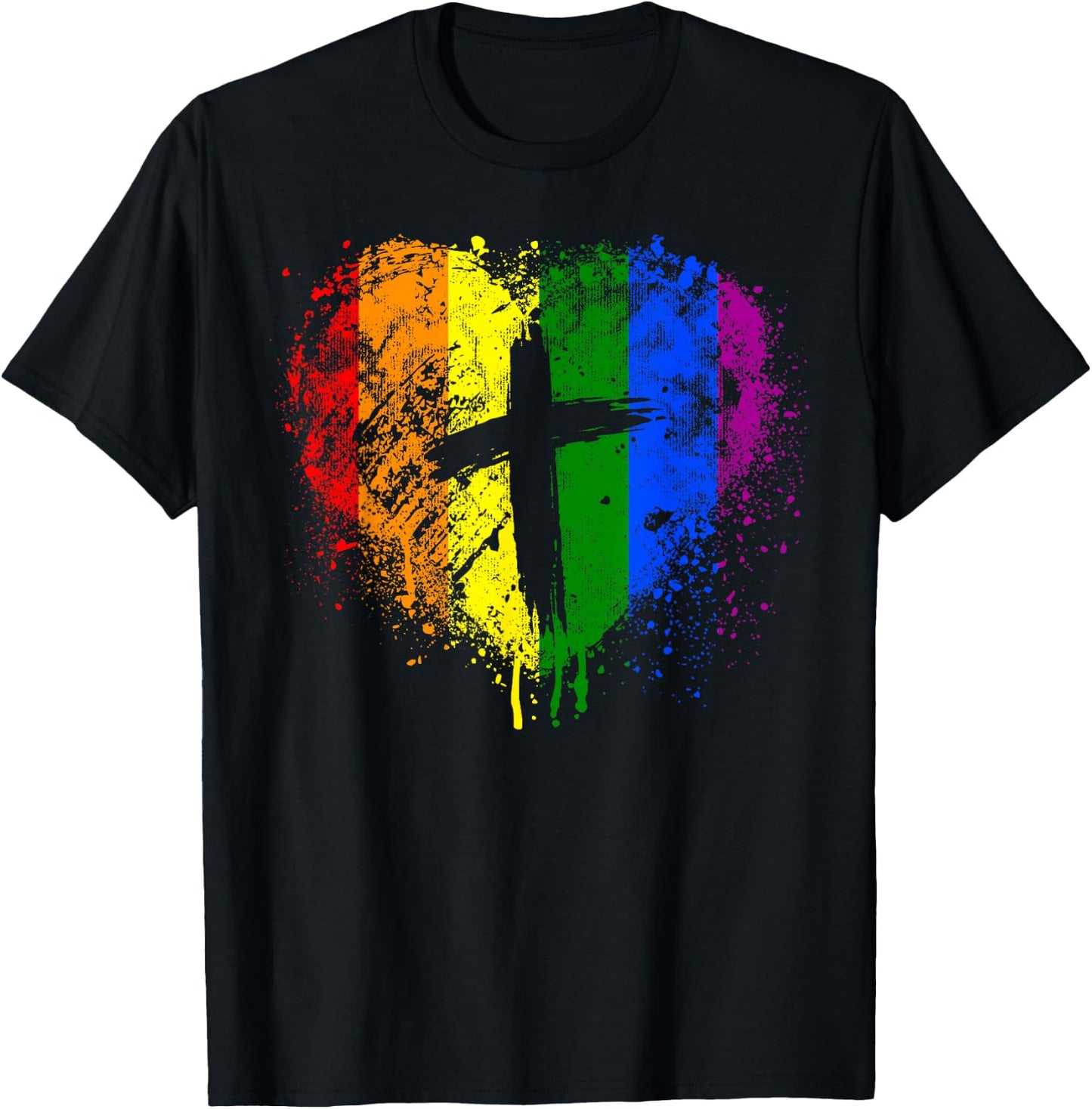 Rainbow Heart with Cross, Christian Religious Gay Pride T-Shirt - T-Shirt | Black