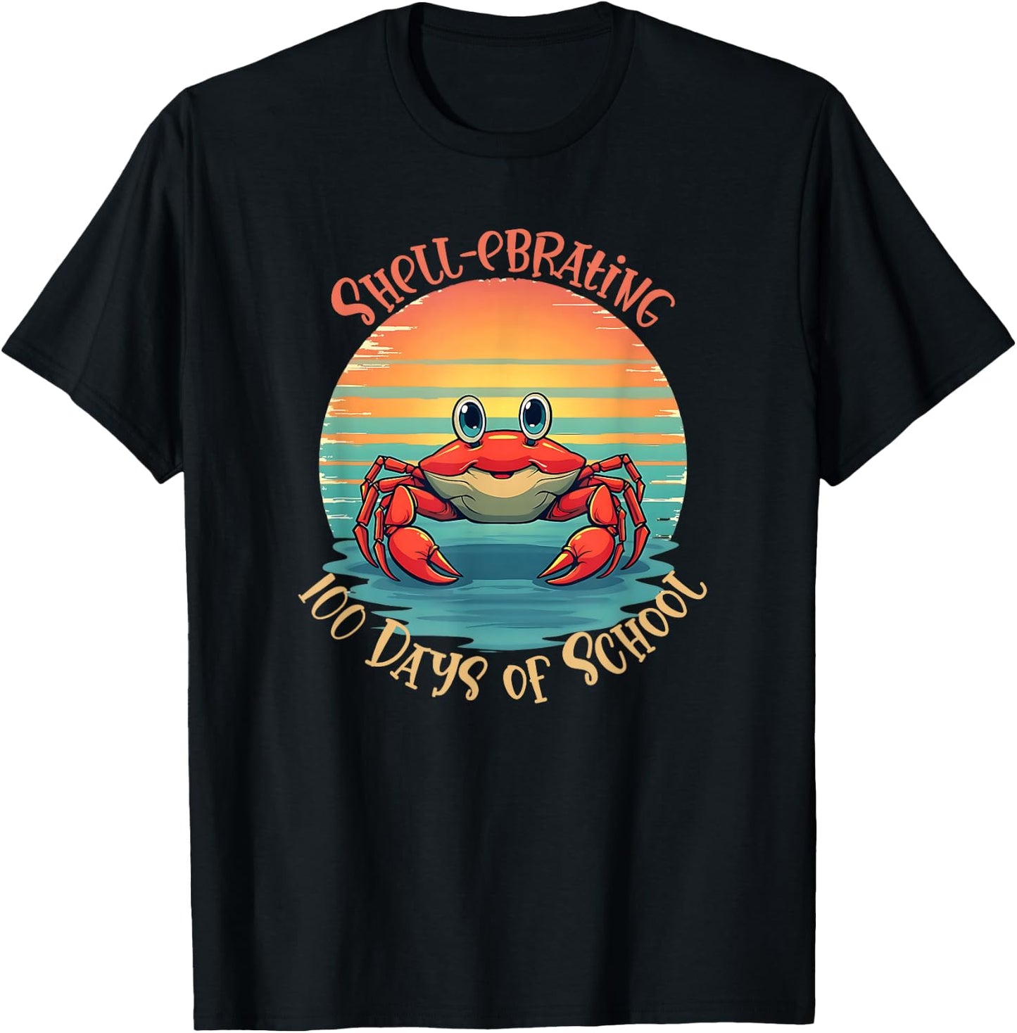 Retro 100 Days of School Crab Vintage Sunset Design T-Shirt - T-Shirt | Black