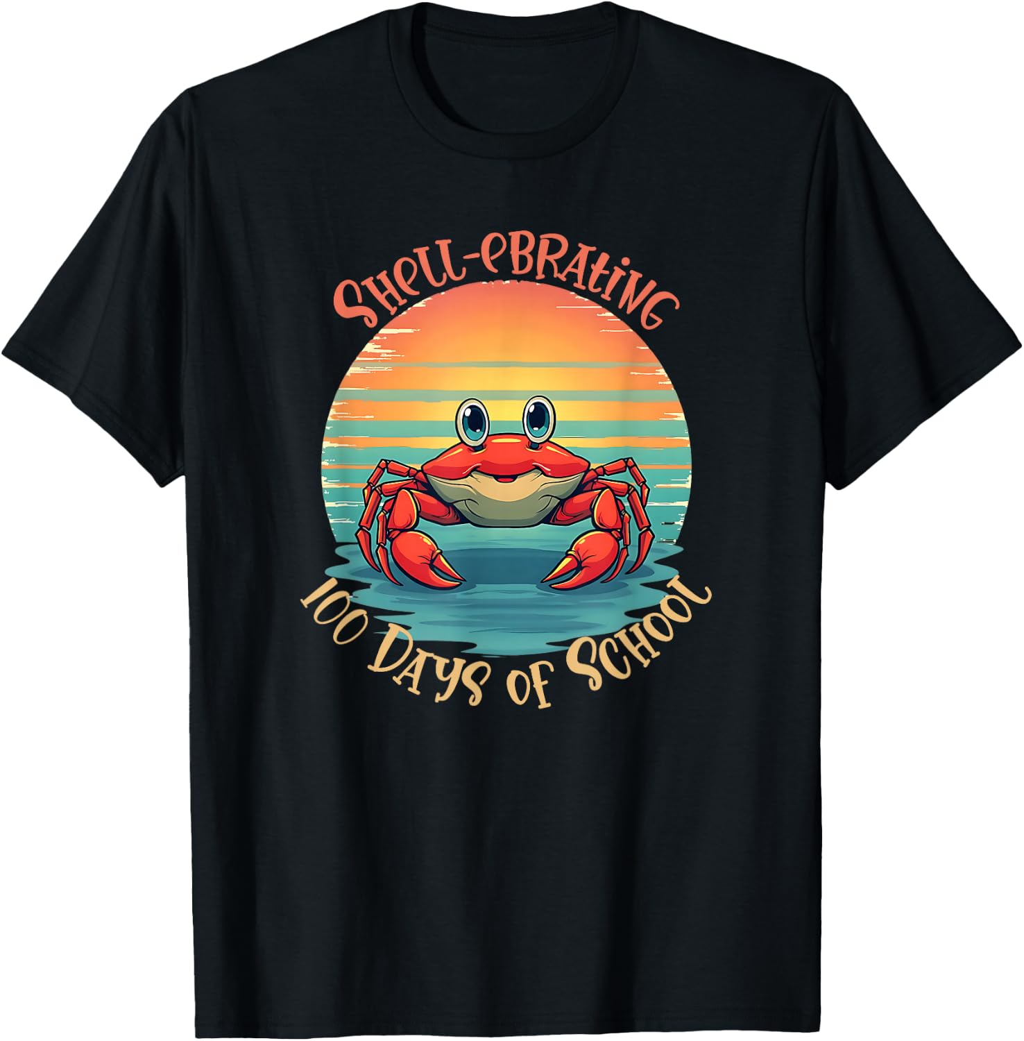 Retro 100 Days of School Crab Vintage Sunset Design T-Shirt - T-Shirt | Black